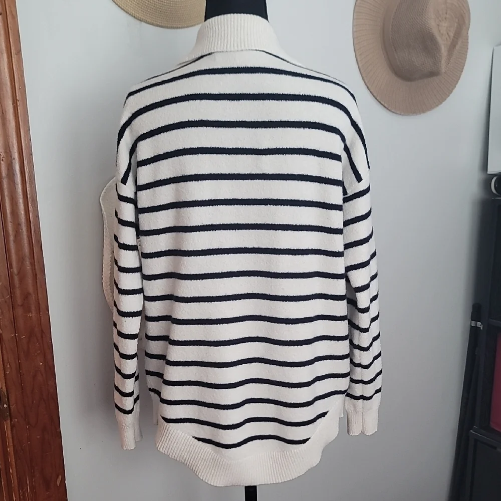LOFT Black  and White Striped V-Neck Sweater - Picture 7 of 11